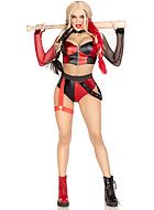 Harley Quinn, maskeraddräkt med topp och shorts, dragkedja på framsidan, långa ärmar och nätinlägg